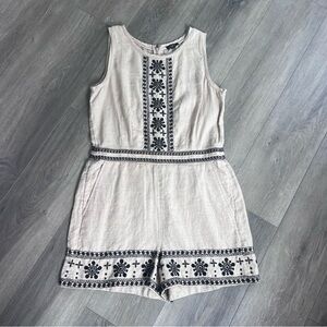 LOFT Petites Beige Linen Romper with Black Floral Embroidery 6P NEW